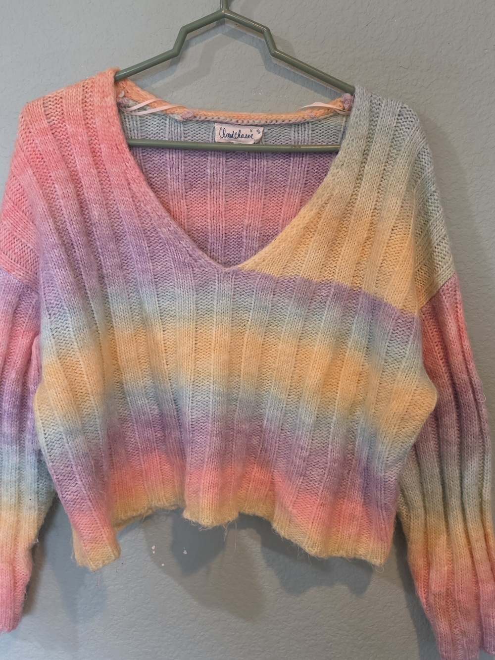 Cloud Chaser V Neck Crop Sweater Pastel Grunge Rainbow Long Sleeve Sz Medium